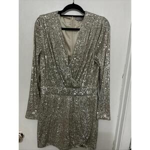 Ramy Brook Long Sleeved Sequined Wrap Mini Dress Sz 12 Silver Gold
